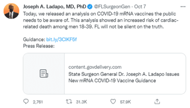 Κατάντησε γελοίο… Το Twitter λογόκρινε τον Γενικό Χειρουργό της Φλόριντα γιατί δημοσίευσε την υπουργική απόφαση να μην κάνουν «εμβόλια» Covid οι νεαροί άνδρες λόγω των πολλών θανάτων!